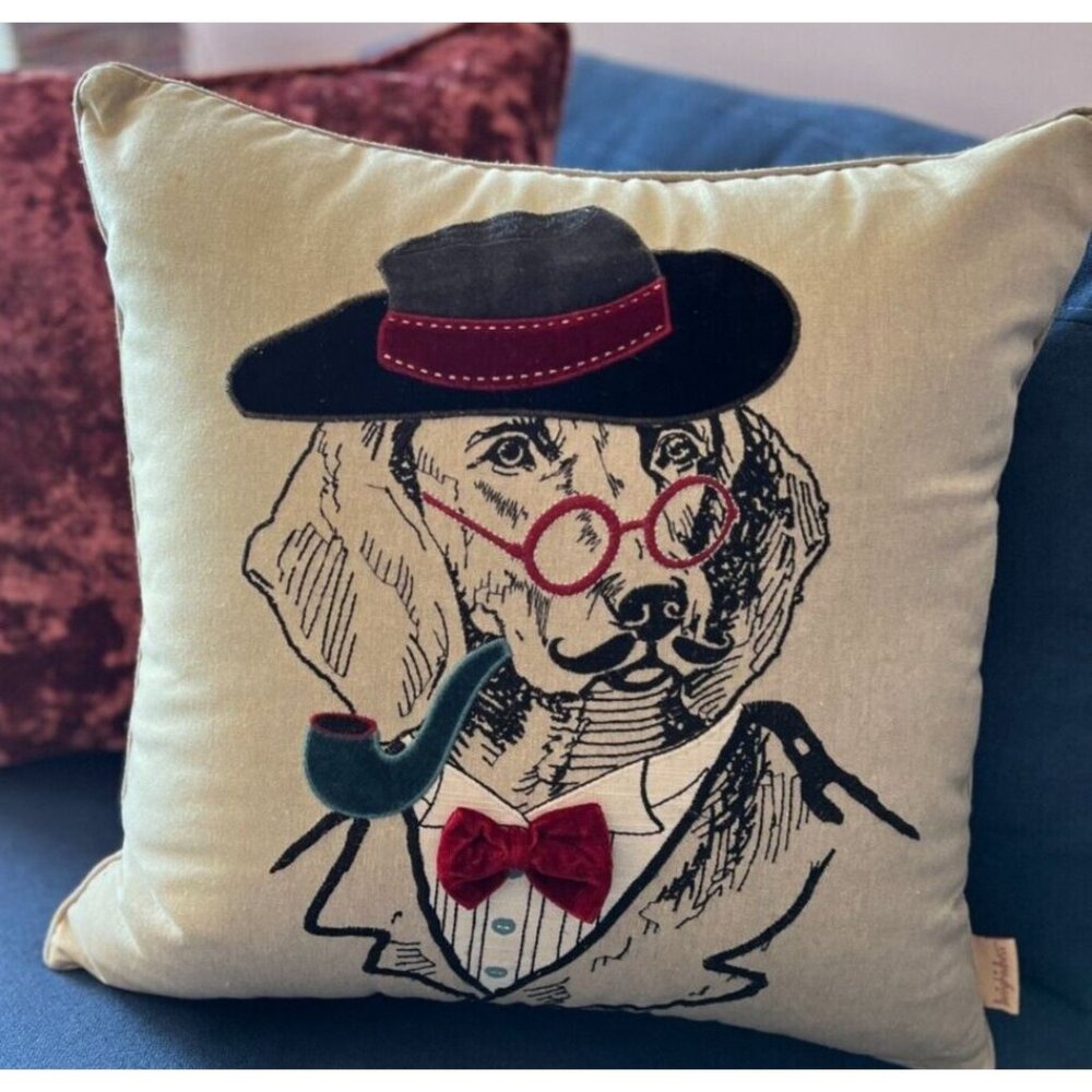 Classy Canine Dog Linen Embroidered Appliqué Throw Pillow  18" x 18"  Zipper